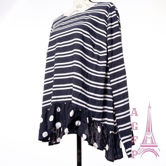 Crown Ivy striped Navy blouse top size 0X ruffle polka dot preppy  💖2/$30 - Picture 4 of 14